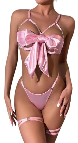 ROSVAJFY Conjunto Lencería Sexy 3 Piezas Mujer con Anillos Las Piernas Ropa Interior Babydoll Lazo Satén, Sujetador Aros y Tanga, Ropa Dormir Ahuecada,Unwrap Me Los Regalos Día de San Valentín (Rosa)