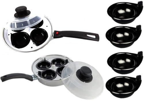 NT Master Cook Egg Poacher | Boiler | Stainless Steel Saucepan | Frying Pan | Boiled | Poach | Food Maker | Plastic LID | Non-Stick | 4 Cups Inserts | Cooker | Cooking Pot | Steamer | UK Free P&P