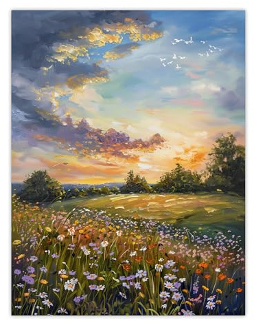 Artery8 Wildflower Meadow Landscape Oil Painting Spring Living Room Large Wall Art Poster Print Thick Paper 18X24 Inch