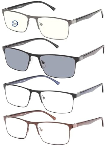 EFE 4-PACK Gafas de lectura para Hombre, Bisagras de Resorte, Marco Rectangular, Gafas de Lectura Metal Bloquea la Luz Azul, incluido Gafas de lectura para el sol, anti UV (Multicolor, 2.25, x)