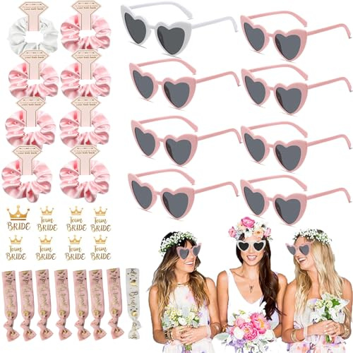 32 Stück JGA Brille Team Braut, Herz Sonnenbrille Bride Partybrille Set, 8 Herzförmige Brille+8 Bride Haargummi+8 Bride Armband+8 Bride Tattoo Aufkleber, JGA Deko Accessoires