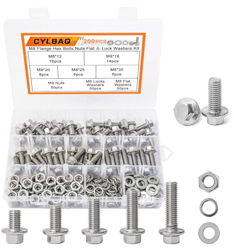 CYLBAQ 200 Stück M8 Flansch-Sechskantschrauben, Muttern und Unterlegscheiben, Sortimentsset, Edelstahl 304, metrische Flansch-Sechskantschrauben, Schrauben und Muttern, Set, 12 mm, 16 mm, 20 mm, 25