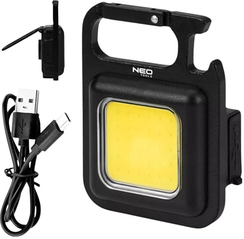 NEO TOOLS Taschenlampe Schlüsselanhänger LED, Inklusive USB Kabel | 5 in 1 Inspektionsleuchte, Flaschenöffner, Magnet, Ständer, Schlüsselclip, Geschenke für Männer