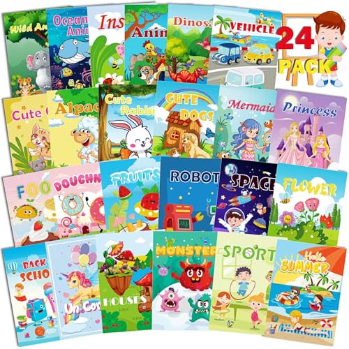 Aannanl 24 Mini Livres de Coloriage Pour les Enfants de 2 à 4 Ans, Cadeaux D'Anniversaire de Fête, Activités Pour les Classes D'école, y Compris les Dinosaures, les Sirènes, les Princesses