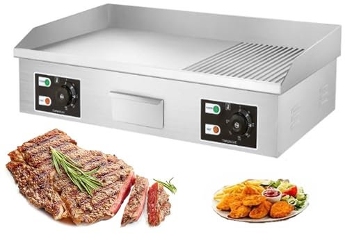 Plancha eléctrica comercial, plancha de encimera de superficie plana, parrilla de barbacoa comercial con placa calefactora antiadherente de acero inoxidable, dos quemadores con control termostático, 3