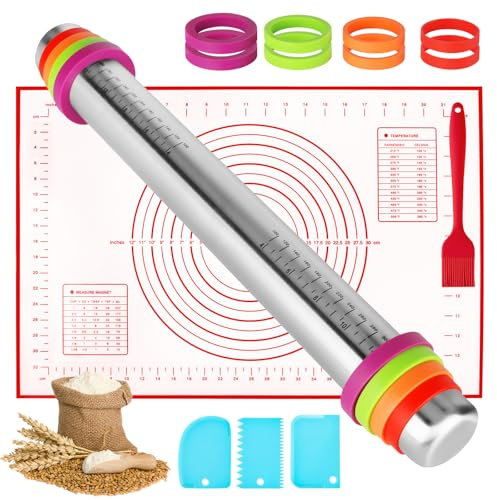 KIMIGO Mattarello in acciaio, Mattarello Regolabile con 8 Anelli di Spessore, con Tappetino da Forno in Silicone Pennello Olio, per La Preparazione di Pane, Cookie, Pastry Dough