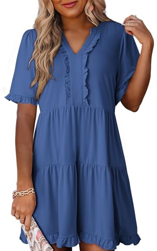 Dokotoo Summer Dresses for Women 2026 Short Sleeve V Neck A Line Empire Waist Casual Flowy Ruffle Cute Baby Doll Western Mini Short Dress Spring Dress Modest Sail Blue Dresses for Women Plus Size L