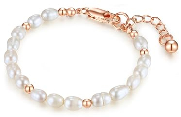 Lulu & Jane Damen Armband Messing roségold | Roségold-Optik, Perlenarmband, Süßwasser-Zuchtperle, ca. 5,5 - 6,5 mm, weiß, barock, Karabinerverschluss