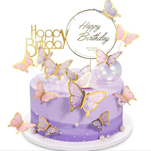 22 Pcs 3D Butterfly Cake Topper, Butterfly Cupcake Toppers Cake Decorations, Butterfly Cake Topper for Birthday Theme Wedding Party Supplies Wall Decoration - Pink Purple