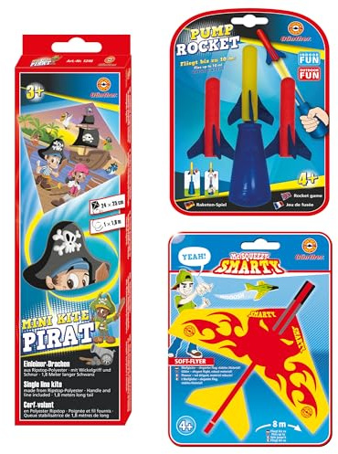 GÜNTHER FLUGSPIELE 1715 - Mini Cometa Pirata Lista para Volar Aprox. 24 x 25 cm, Planeador Lanzador avión Aprox. 17 cm & Juego de Cohetes Pump Rocket Incl. 3 Cohetes de Espuma