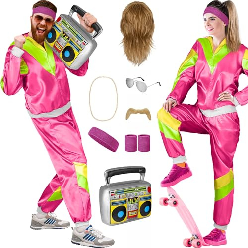 Balinco Conjunto de disfraz de los años 80 para mujer/hombre, traje de entrenamiento para carnaval, peluca Vokuhila, barba, cadena, gafas de piloto, cintas para la cabeza, ghettoblaster (Rosa I Verde