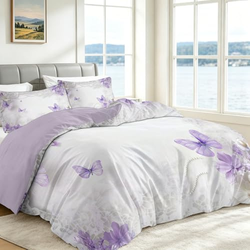 Srigzcaly Light Purple Double Size Duvet Cover Set for Kids Boys Girls, Purple flowers butterfly Bedding Set, Ultra Soft Cosy Warm Reversible 3 Piece Quilt Covers with 2 Pillowcases