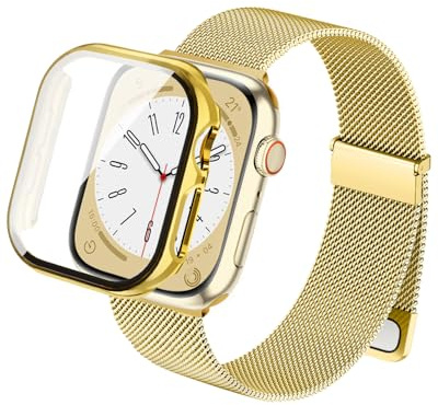SimpleThings Compatible avec le bracelet milanais Apple Watch séries 10, 9, 8, 7, 6, 5, 4 SE avec étui de protection, boucle magnétique en métal avec coque de protection pour iWatch 46/45/44/42/41/40