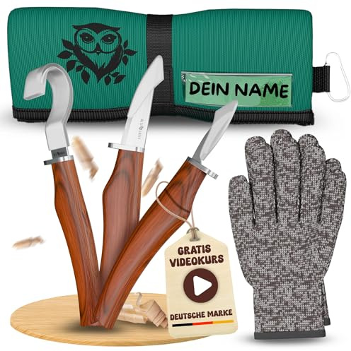 ALTIVATIV - Schnitzmesser Kinder Set ab 6, 8, 10 Jahre - [Inkl. VIDEOKURS] - 3er Schnitzset Kinder Personalisierbare Rolltasche mit Namensschild - Schnitzmesser Set mit Handschuhen & Schnitzwerkzeug