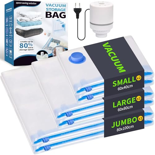 XULIERUX Juego De Seis Bolsas De Vacío, 2J/2L/2S, Con Bomba Eléctrica, Bolsas Reutilizables Para Ropa Y Ropa De Cama, Adecuadas Para Mudanzas Y Viajes