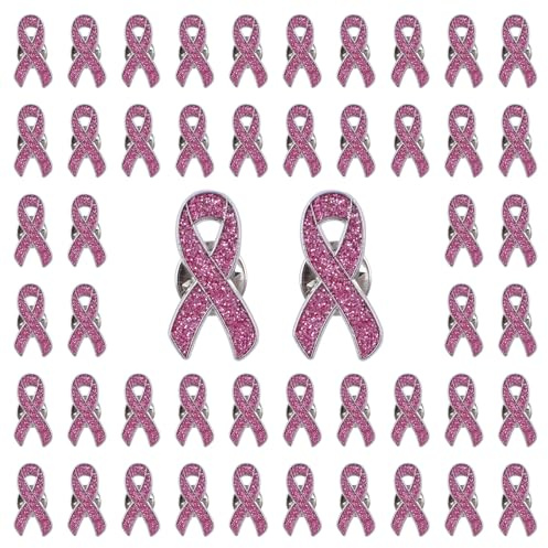 WANDIC 50 PCS Broches Octobre Rose, Pin's Ruban Rose avec Poudre Scintillante pour Sensibilisation Cancer Sein, Bijoux Décorations Femme