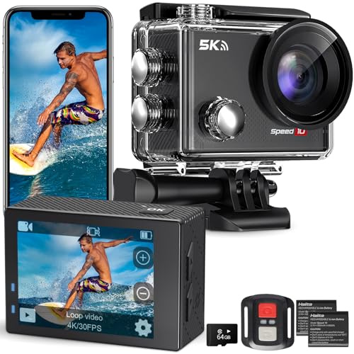 Hiicam Action CAM, 5K30FPS 30MP Actioncam 40M Submarina Impermeable WiFi 170°Ultra Gran Angular EIS Cámara de acción Zoom 5X con Mando a Distancia y 2 baterías de 1350 mAh 64 GB Tarjeta de (Black-6)