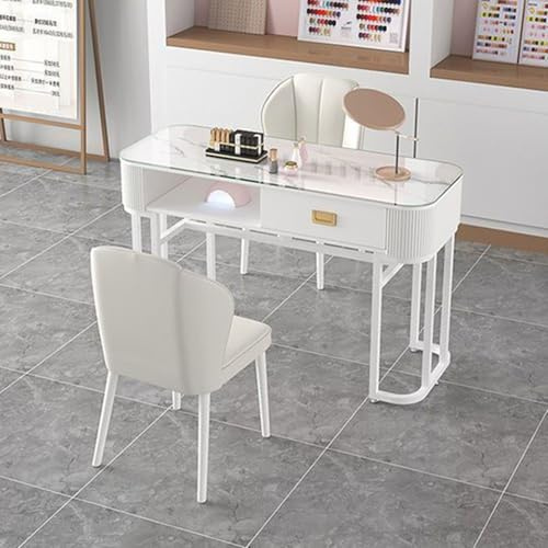 ZPVXRVQ Estación de Manicura Moderna, Mesa de Manicura con Cajones Estación de Trabajo Profesional de Cristal con Estantes Abiertos para Salón de Manicura, Oficina(Style 2,100x40x76cm)