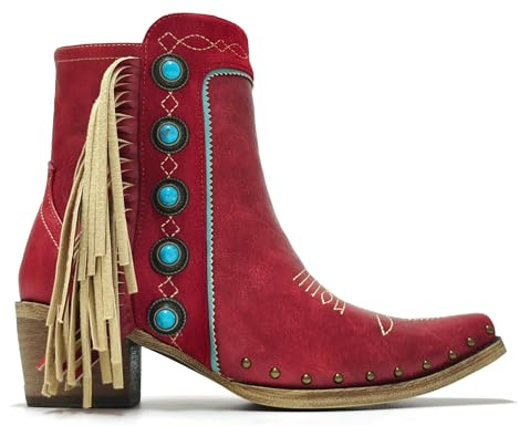 MissHeel Fringe Booties for Women Short Cowgirl Boots with Tassels Red Cowboy Boot Turquoise Stones Studded Ankle-Boots Size 8.5