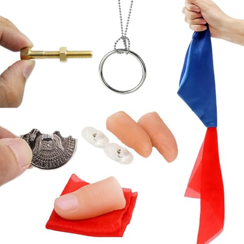 YUYWWAN Magiskt set kit, magiskt upplyst finger, trollkarlsduk, magiskt falskt finger, magiska delar, skruvar och trollkarlskedja, magiska tillbehör för fester, barer och gator (6 set)