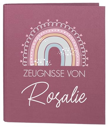 Striefchen® Zeugnismappe personalisiert mit Name – Leinenstoff – 5 Farben zur Auswahl – Regenbogen-Motiv – DIN A4 – 4-Ring-Ordner für Kinder – Mappe zur Aufbewahrung von Schulzeugnissen (Rosa)