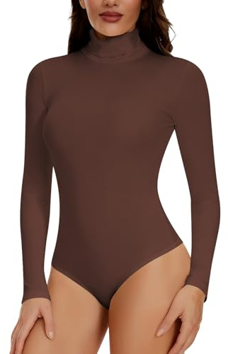 Joyshaper Dam body långärmad elegant bodysuit ståkrage topp blus långärmad body långärmad tröja overaller skjorta långärmad toppar, BRUN, M