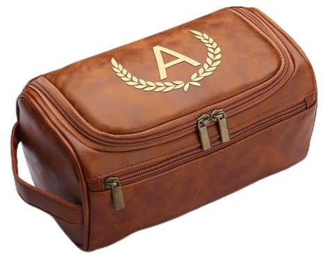 CGFN Trousse de toilette pour homme, cadeaux personnalisés pour homme, trousse de toilette personnalisée en cuir synthétique avec initiale à suspendre, cadeau de Noël ou d'anniversaire, marron clair