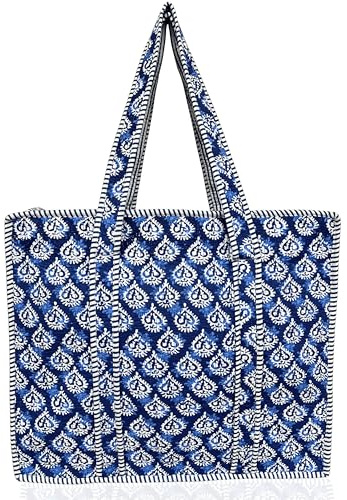 Third Eye Export 100% Cotton Quilted Tote Bag 18x16– Large Zipper Beach Bag & Travel Bag Blue Purse Reusable Grocery Bags (Indigo Block Print)