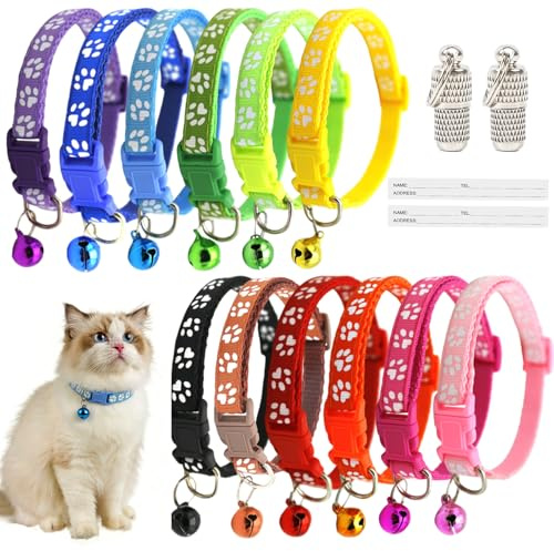 12 Piezas Collar Gato Antiahogo de Liberación rápida Reflectantes de Seguridad de Nailon Collares para Gatos con Campana y Hebilla de Seguridad