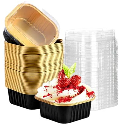 Hniuyun Mini Loaf Tins with Lids 50 Pack, 180ml Cake Packaging Cases | Square, aluminium, clear lid, stackable, mini cake tins, for brownies cakes holiday gifting, black
