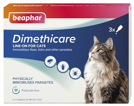 Beaphar - Dimethicare Line-On Flea & Tick Control for Cats – 3 pipettes - Physically Immobilises Fleas, Ticks & Other Parasites - Pesticide-Free - For Cats from 12 weeks old