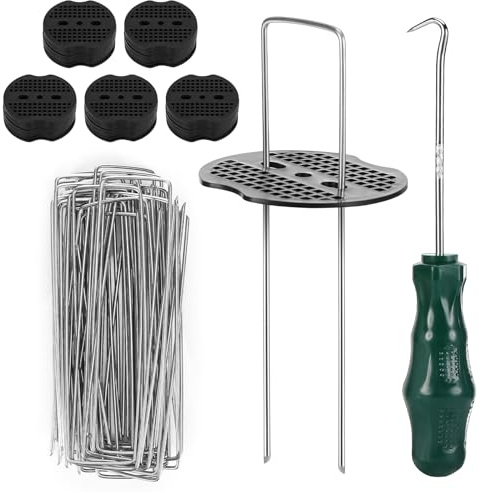 Exsink Grapas Césped Artificial, 50 Grapas de Jardín con 50 Arandelas (150 x 40 mm, Ø2,5mm), Anclajes de Tierra Galvanizados Resistentes a la Oxidación, U Anclajes para Fijar Malla Antihierbas