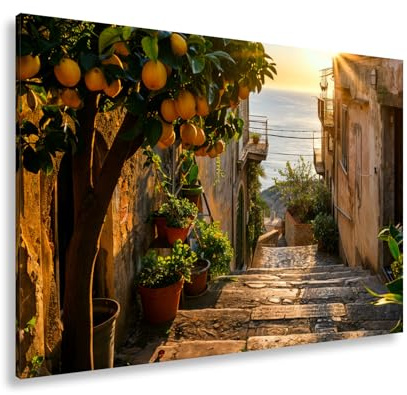 deyoli Leinwandbild Sonnenverwöhnte Stufen führen zum Meer durch mediterrane Gassen Format: 60x40cm XXL Kunstdruck Bild auf Keilrahmen/Wandbild/Wohnzimmer Dekoration