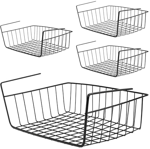 4 Stück Unterregal Hängekorb, 40x23x14cm Aufbewahrungskorb Schwarz Metall | ZOENHOU Drahtkorb Organizer, Regaleinhängekorb Schwarz für Küche, Büro, Speisekammer, Bad, Schrank
