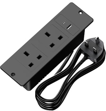 Recessed Power Strip 4-in-1 Extension Socket with 2 AC Outlets, USB-A & USB-C Ports, 13A 2990W Surge Protector Extension Cord (1.5m) - Smart Strip for Office, Bedroom, Kitchen, Furniture (Black)
