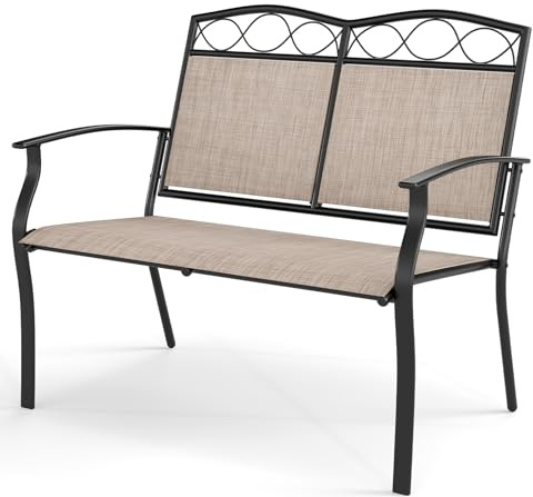RELAX4LIFE Sedie da Giardino 2 Posti, Panchina da Esterno in Tessuto Traspirante con Schienale Alto e Braccioli, Telaio in Metallo, Piedini Regolabili, Max 300KG per Terrazza/Patio (105x71x93cm)