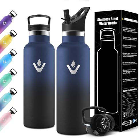 Motswedi Gourde Isotherme 750ml, avec Paille, Bouteille Isotherme, Réutilisable, Thermos, Anti-Fuite, Gourde Enfant, pour l'école, Voyage, Camping, Sport, Gym, Bleu Foncé & Noir