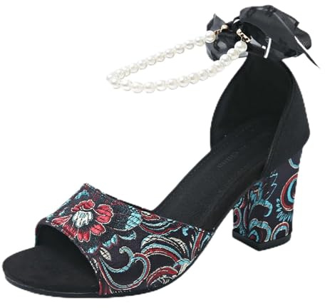 Cocila Mujer Sandalias De Tacón Ancho Con Tiras Grueso Bordado Para Mujer, Hebilla, Pez (Black, 40) Zapatos Verdes Fiesta Cuñas Esparto Fucsia Tacon Bajo Plata Plataforma Dream Pairs Vestir