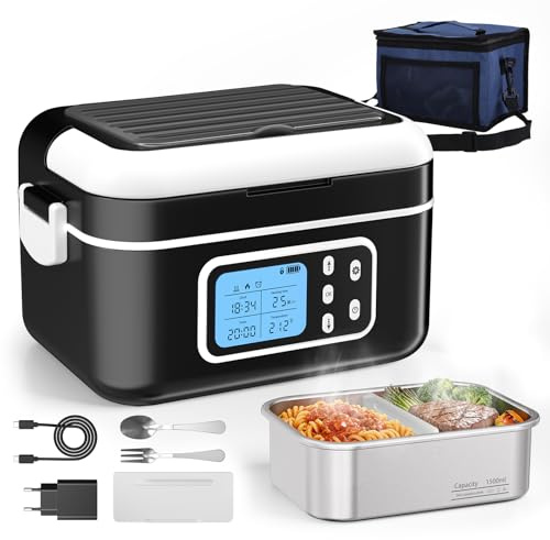 Fiambrera Eléctrica Calentable, 1,5L Fiambrera Recargable Portátil con Temporizador, 6 Niveles de Temperatura & Acero Inoxidable, Recipiente Térmico
