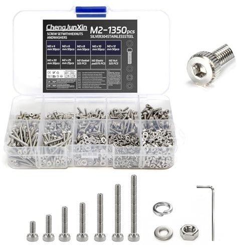 1350Pcs M2 Bolts and Nuts Set,Hex Socket Cup Head Cap Screws | Stainless Steel,With Flat & Lock Washers,Assorted Sizes For Home,Office, Garage,DIY.