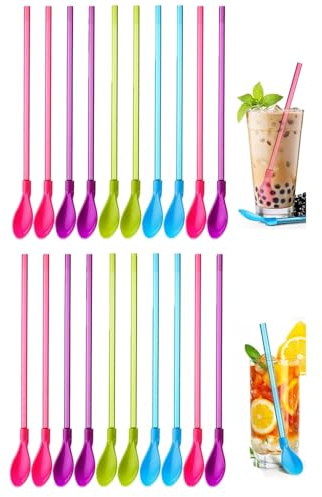 KAKFEL Cannucce con Cucchiaio 2 in 1-20 pezzi Riutilizzabili in Plastica, perfette per Granite, Frullati, Frappè, Cocktail e Gelati. Colori Assortiti.