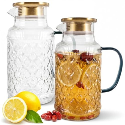 FOPPLA 2 Pcs Glass Pitcher with Lid, Water Carafe for Hot and Cold Beverage, Iced Tea Juice Coffee Milk, 68 oz, Includes Pouring Mouth and Handle(2)