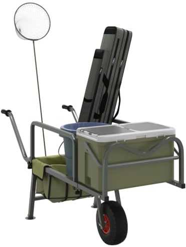 Mangloder Angelwagen Grün mit Rad aus pulverbeschichtetem Stahl, klappbares Design, robuste, ideal für Angeln, Camping, Fischen, Ausrüstungstransport, langlebig, leicht zu transportieren
