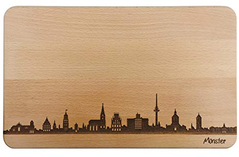 Brotzeitbrett Münster Skyline | Frühstücksbrettchen aus Buche | Holz Schneidbrett | Geschenk mit Gravur | Frühstücksbrett | Nordrhein-Westfalen (Brett L (26x16x1,5cm), 1. ohne persönlicher Gravur)