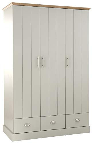 Kendal 3 Door Wardrobe With Hanging Rail & 3 Storage Drawer For Bedroom, Modern Wooden Wardrobes, Modern Bedroom Furniture Clothes Storage With Contrast Oak Top, Grey
