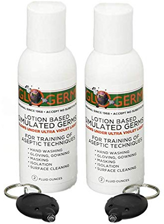 Glo Germ Mini Gel Kit 2 Pack (Two 2 oz Bottles, Two UV Light Keychains) - Gel Lotion Based Simulated Germs - Helps Promote Better Hand Washing Habits - Training for Aseptic Techniques - Double Pack