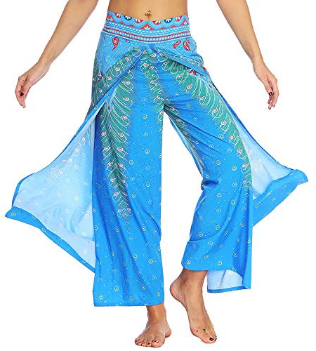 Nuofengkudu Hippie, långa byxor med slits, lösa vida ben, yogabyxor, sommarbyxor, Blå påfågel, M