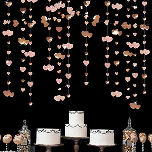 pinkblume 52Ft Champagner Herz Partyset Doppelseitig Metallisches Papier Banner Streamer für Verlobung Jahrestag Hochzeit Valentinstag Brautparty Dekoration