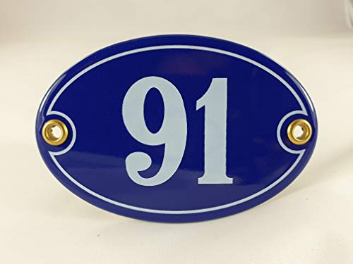 Emaille Hausnummer Schild Nr. 91, oval, Blau-Weiß Handarbeit