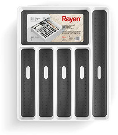Rayen Organisateur de coutellerie 6 compartiments Organisateur de tiroirs de cuisine Jambes antidérapantes Prolipopilène Blanc Taille: 40 x 32,5 x 5 cm